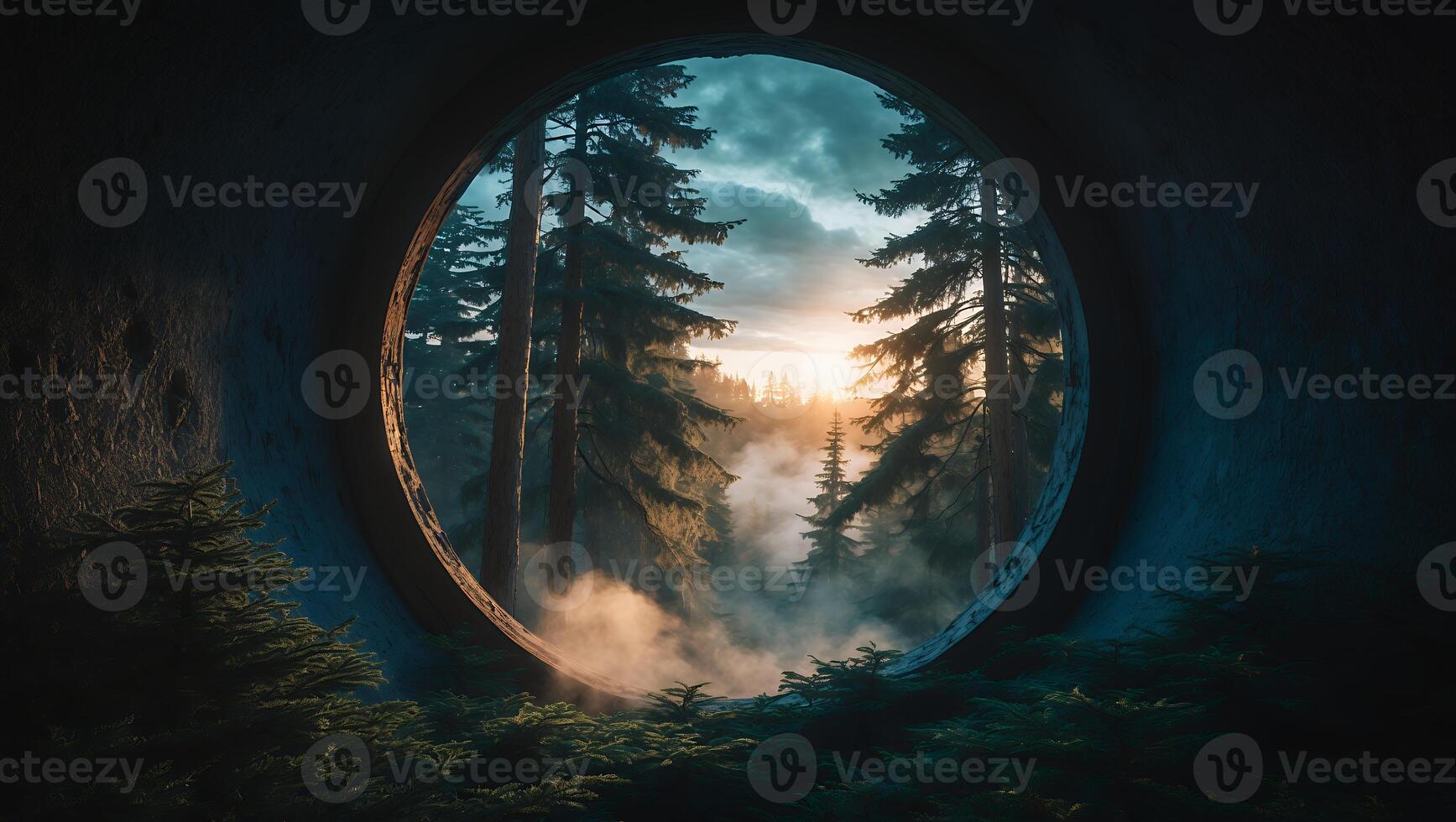 Forest Through Stone Portal with Fog and Sunset View photo