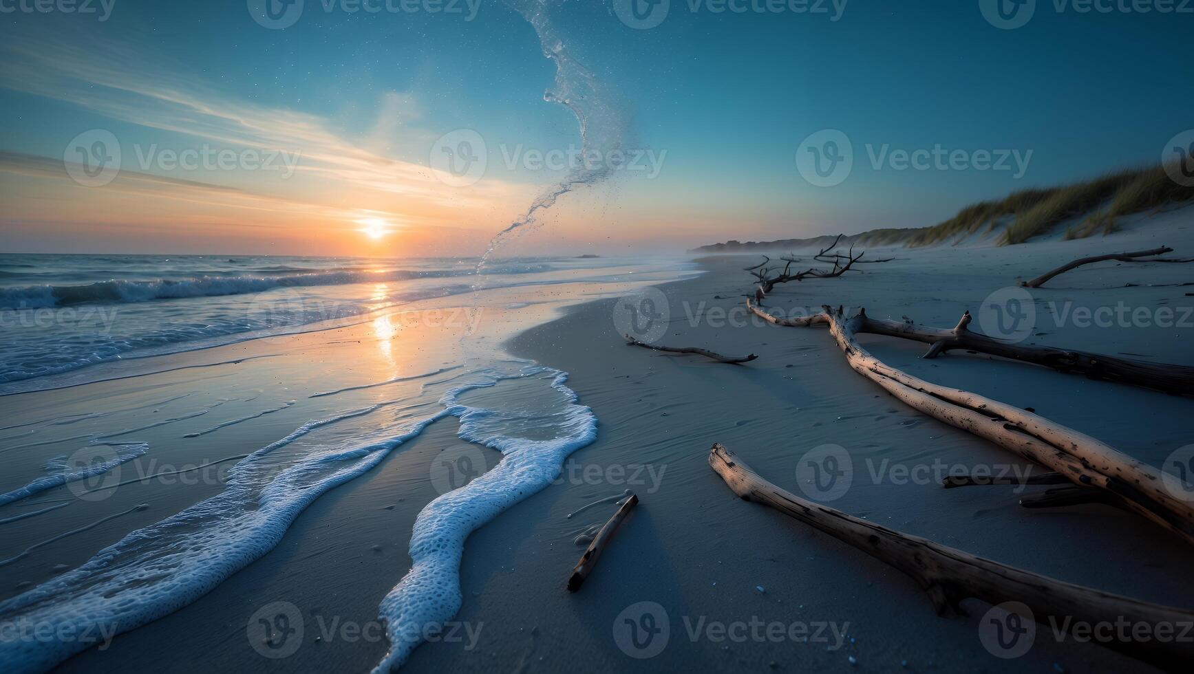 Sandy Beach at Sunset with Wave and Driftwood photo