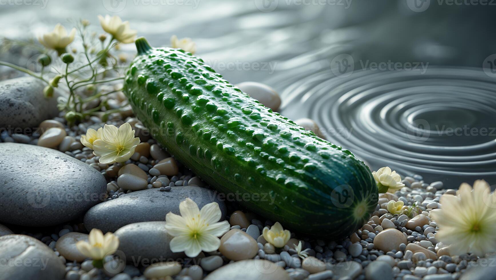 Green Cucumber on Pebble Stone with Flower and Water photo
