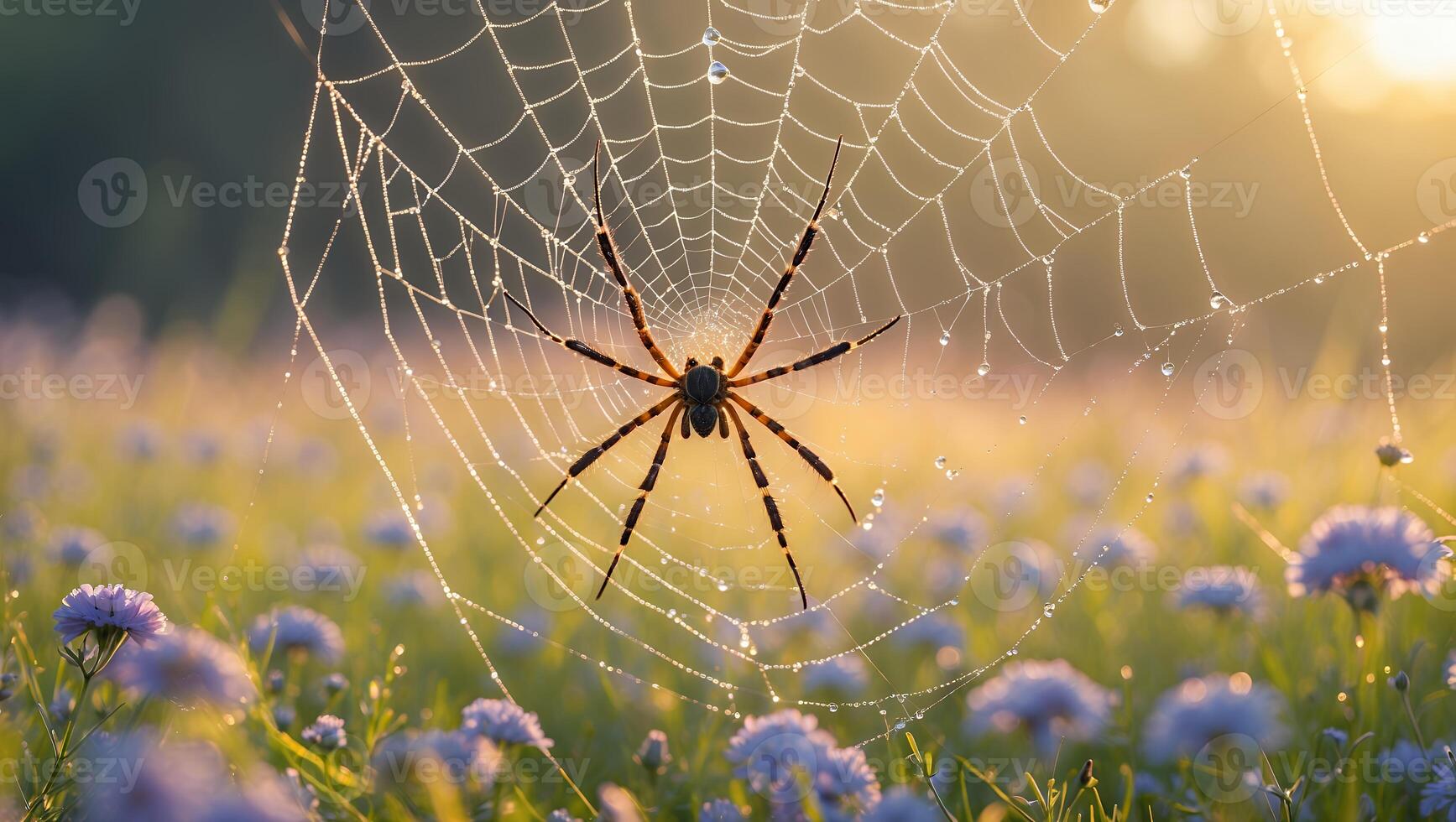 Spider on Dew Covered Web in Field of Flowers photo