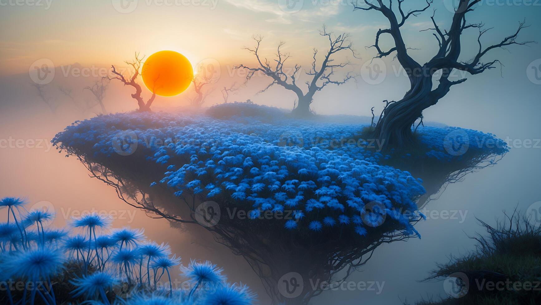 Floating Island with Blue Flowers and Setting Sun photo