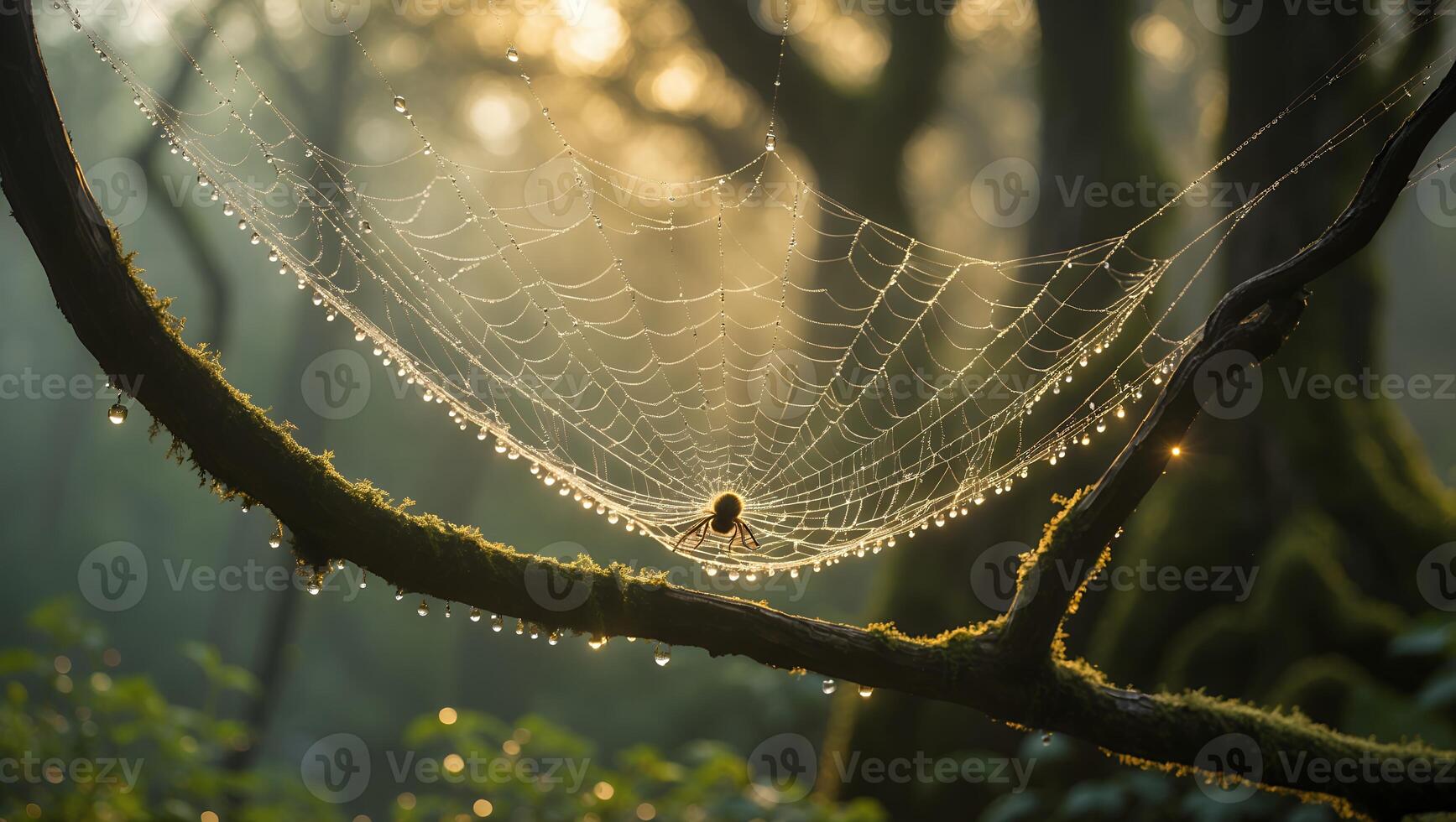 Spider on Web with Dew in Forest photo