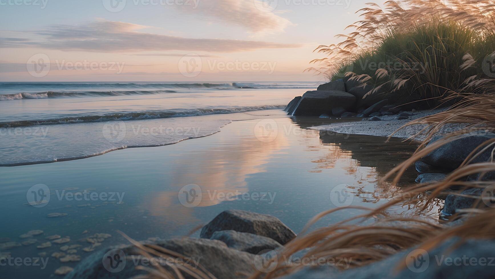 Calm Beach Rocks with Grass at Sunset photo