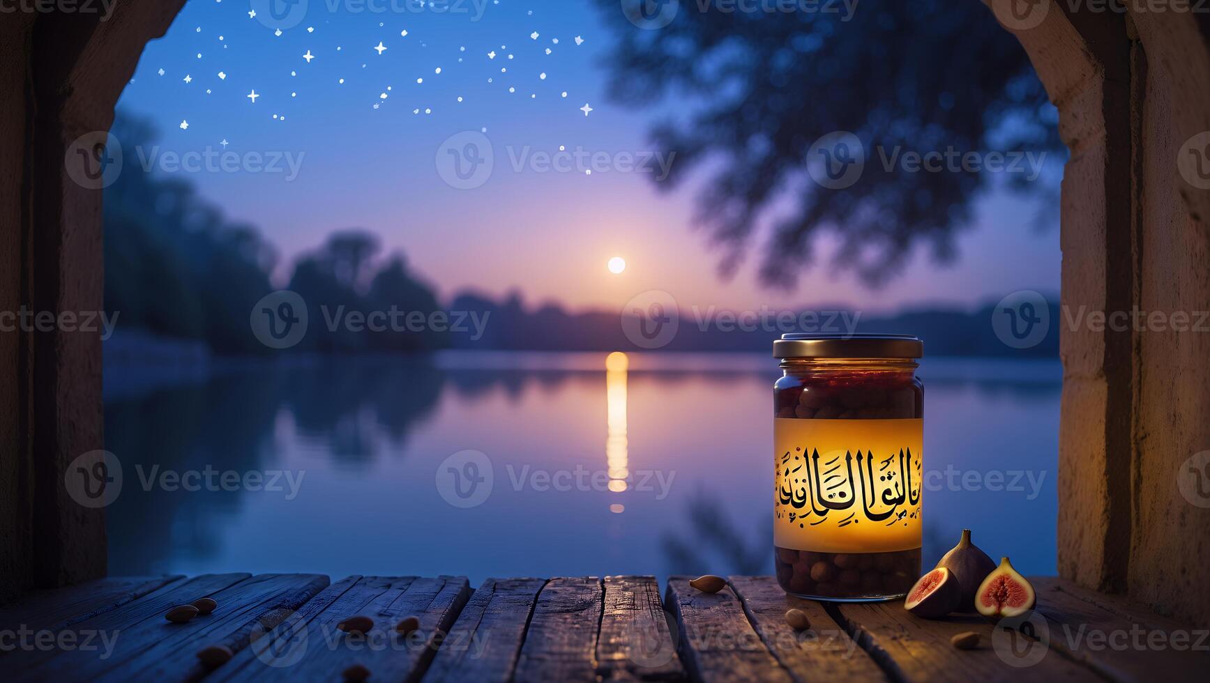 Jar with Figs on Wooden Table Overlooking Lake at Dusk photo