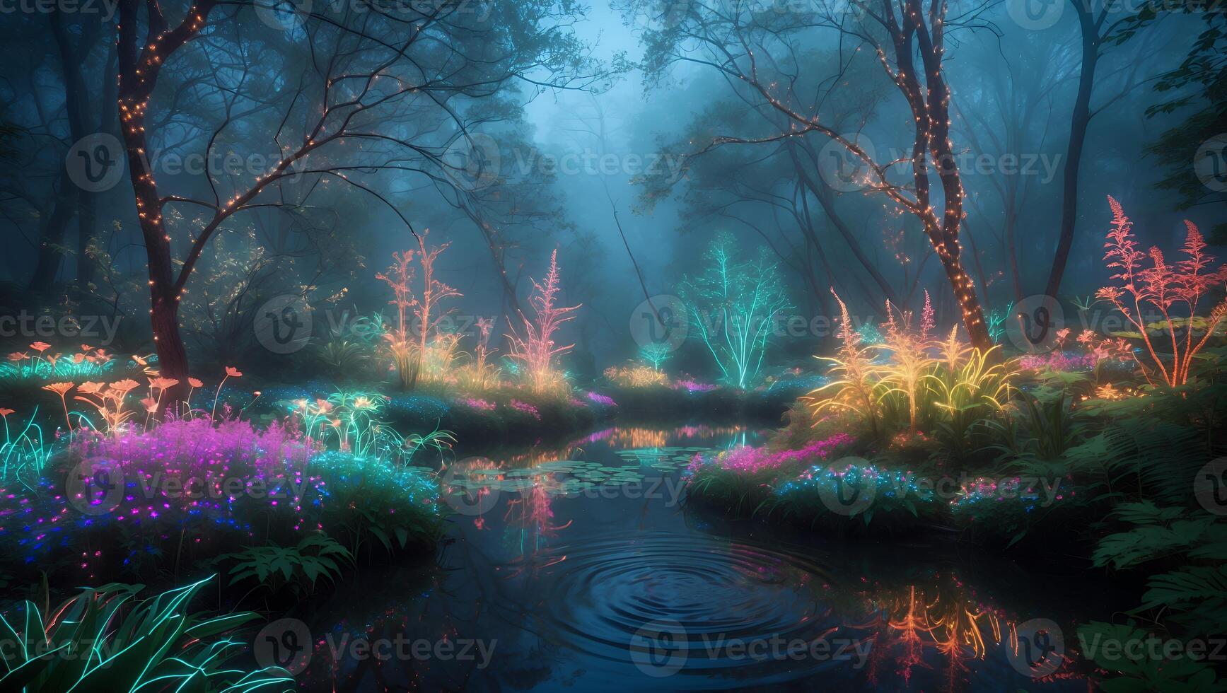 Luminous Plants Reflecting in Forest Stream photo
