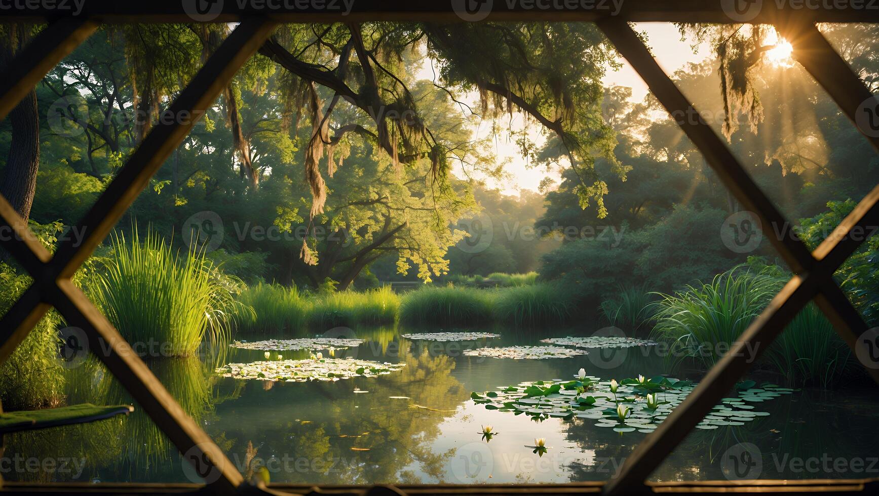 Pond Landscape with Lilies and Trees Seen Through Window photo