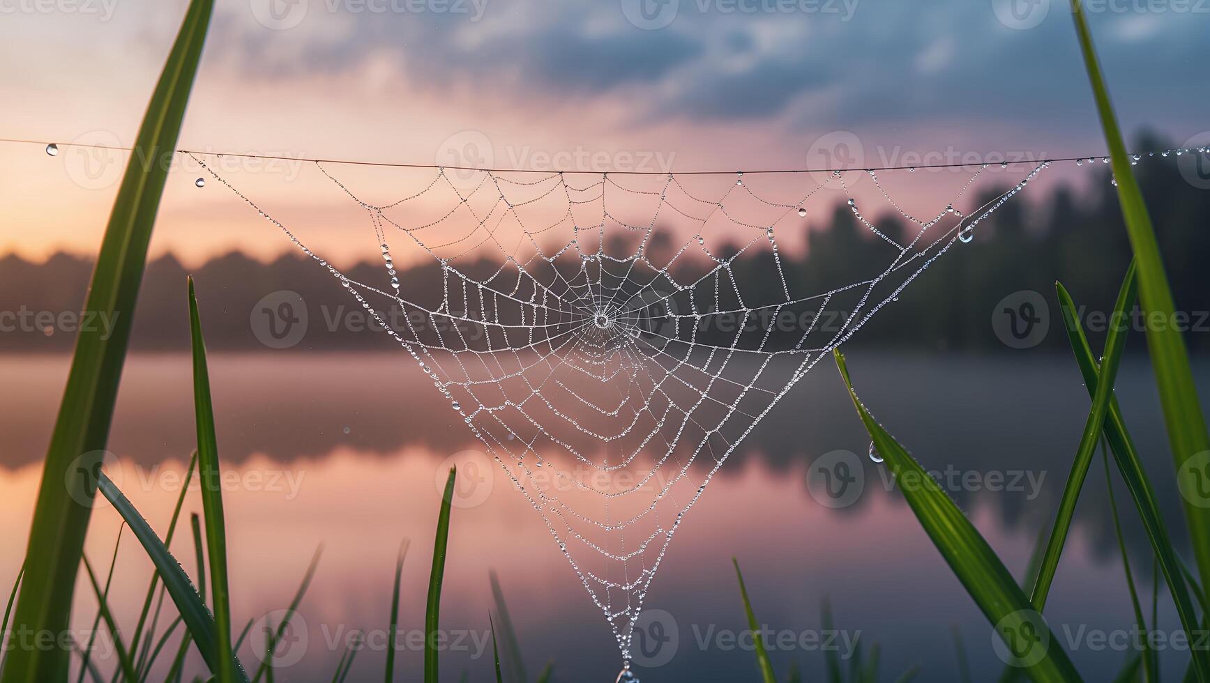 Spider Web Covered with Dew in the Morning Light photo