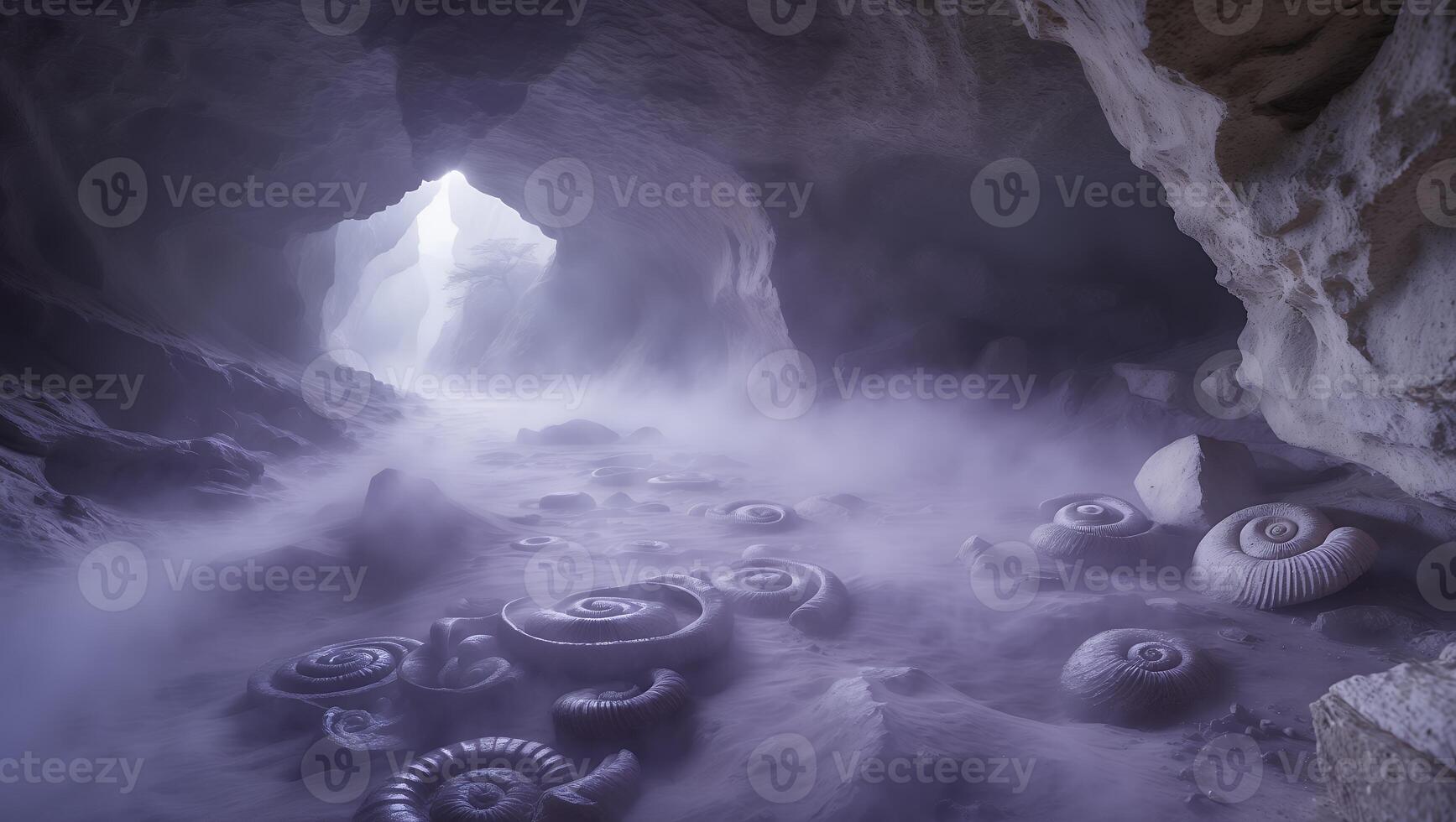 Ammonite Fossils in Cave with Fog photo