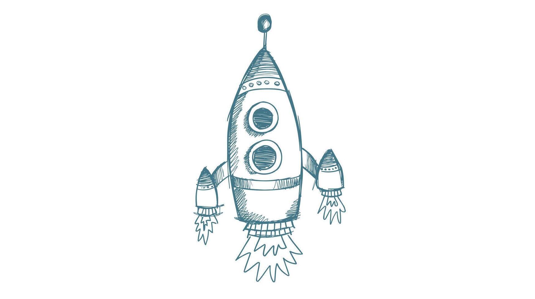 Outline sketch of a rocket in a simple minimal style. The design shows a classic space rocket with fins and nose cone, vector