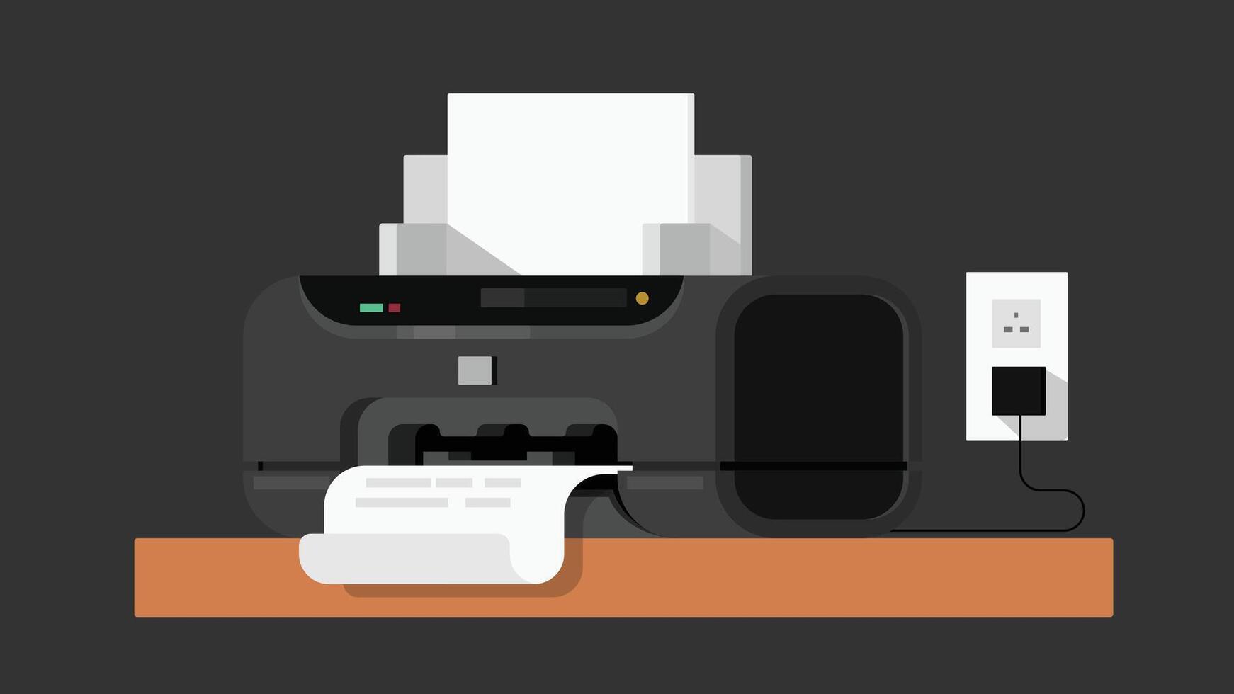 A printer device, actively printing a sheet of paper. The scene captures the process of printing in an office or home workspace environment vector