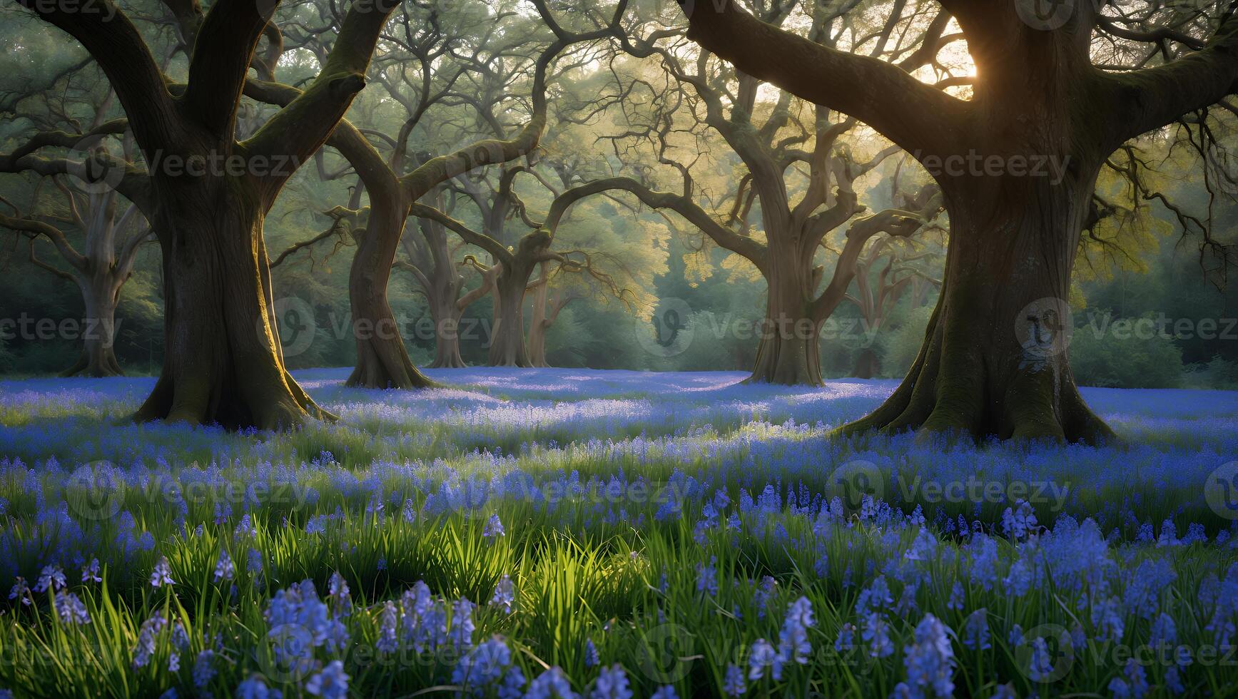 Bluebells in Forest with Tree, Sunrise Light photo