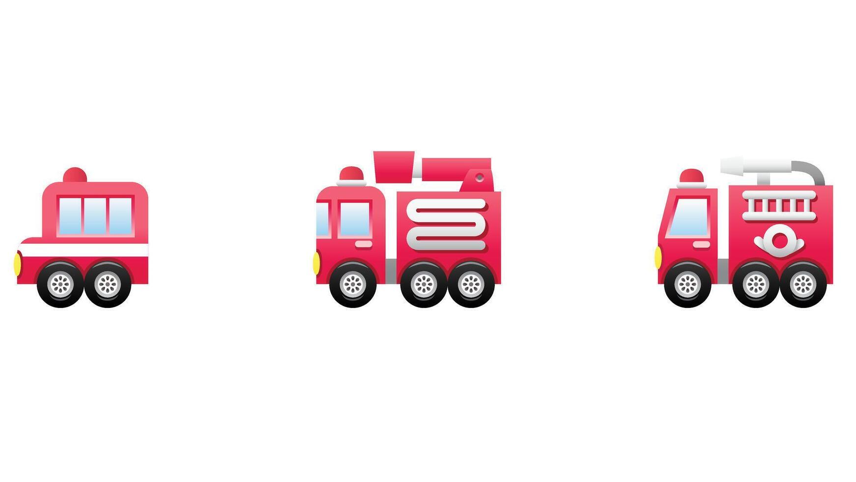 Illustration of various fire fighting vehicles including fire trucks, rescue vans, and emergency response units, vector