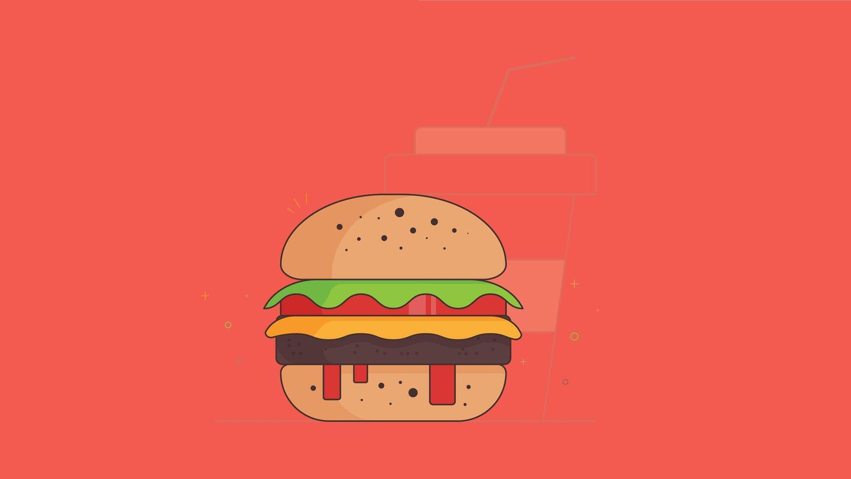 Illustration of a beef burger sandwich featuring a juicy beef patty, lettuce, tomato, cheese, and sesame seed bun vector