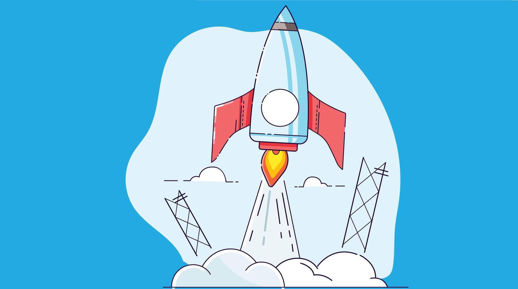 Cartoon illustration of a blue and red rocket launching with orange flames, surrounded by stylized clouds and launch towers against a bright blue background. vector