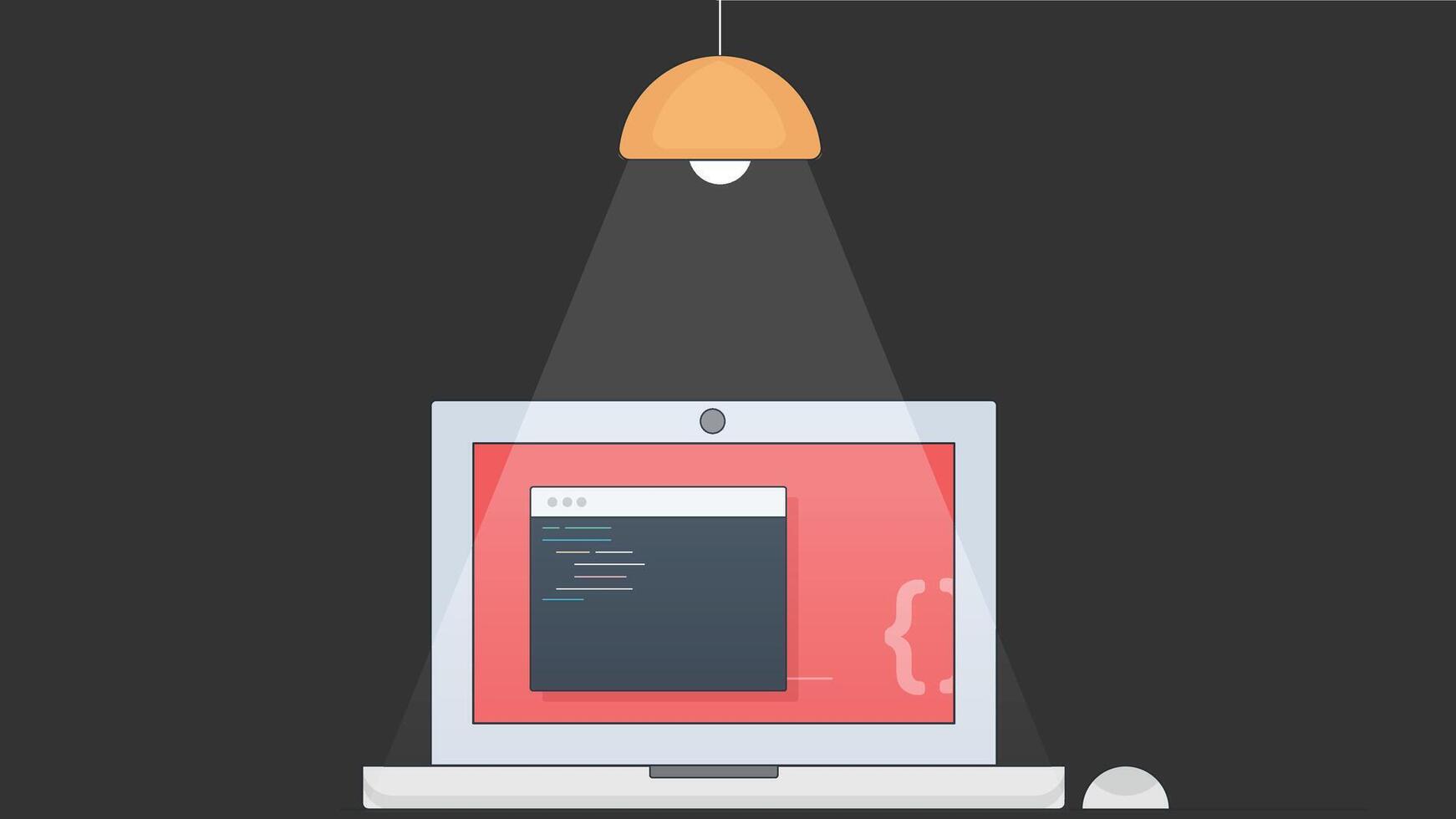Illustration of a laptop on a desk at night, symbolizing remote work and freelancing, with a calm, focused atmosphere ideal for productivity in a home office setting. vector
