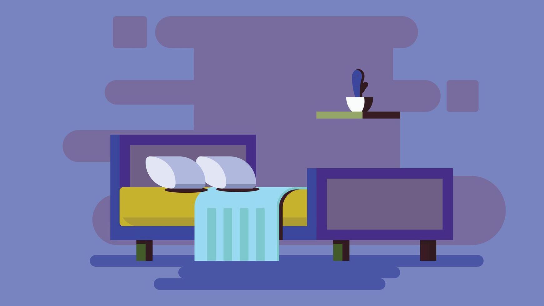 A cozy bedroom with a bed set up for the night. The room is dimly lit, featuring soft lighting, a calm and peaceful atmosphere perfect for rest. The furniture and decor vector