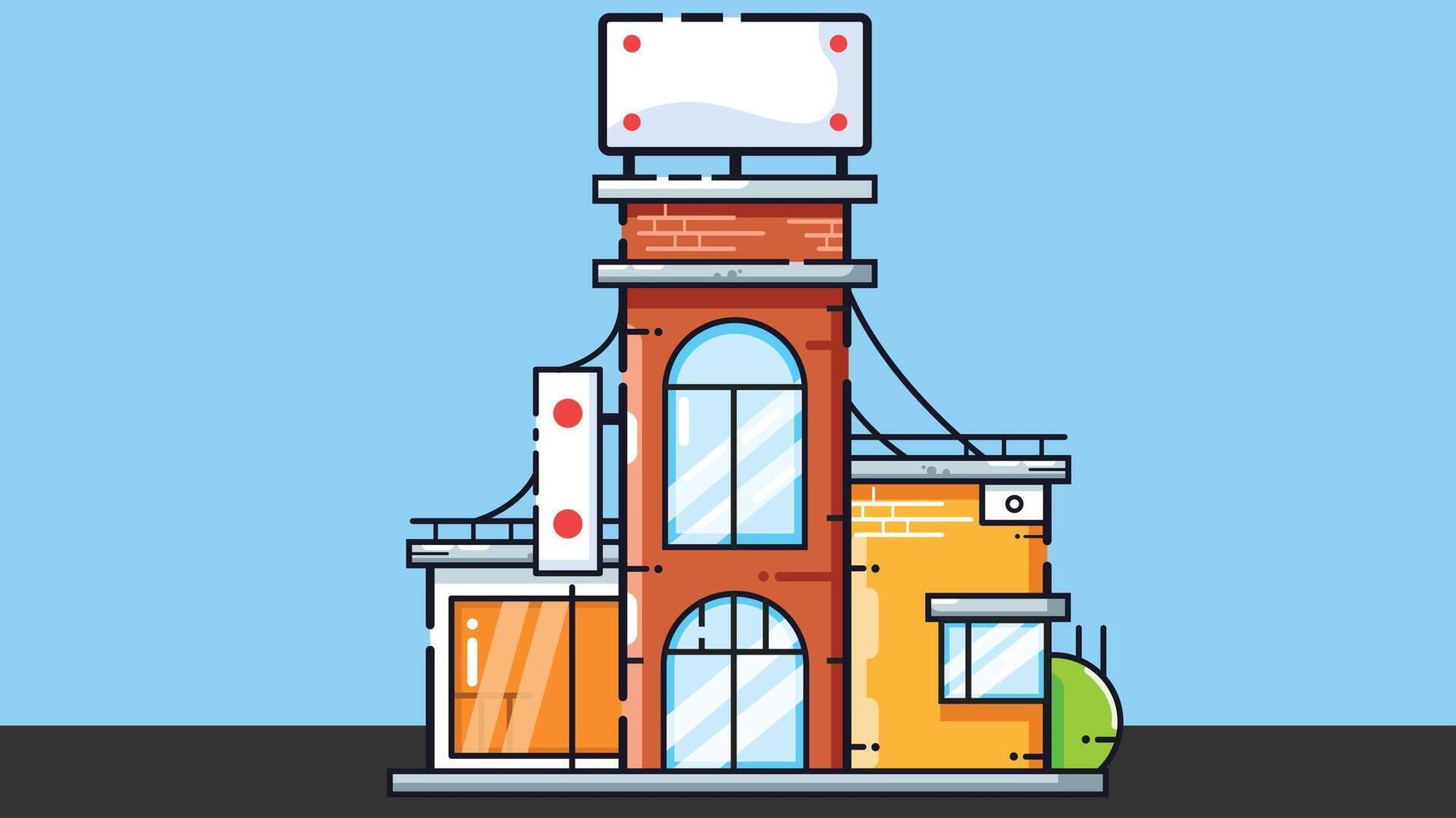 cartoon-style building on a street, showcasing vintage architectural details and a playful, whimsical design vector