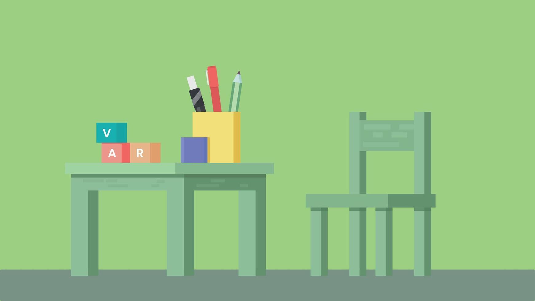 A school chair and table setup with essential school supplies. The desk features a comfortable chair, notebooks, pencils, and a backpack vector