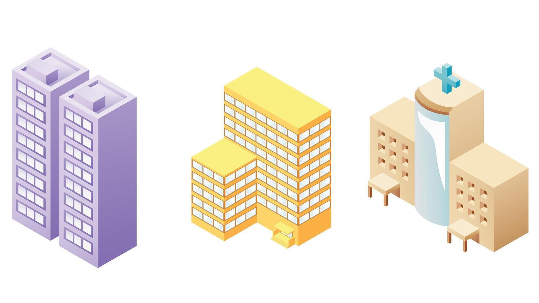 illustration of city buildings designed as game assets, featuring various architectural styles, streets, and urban elements vector