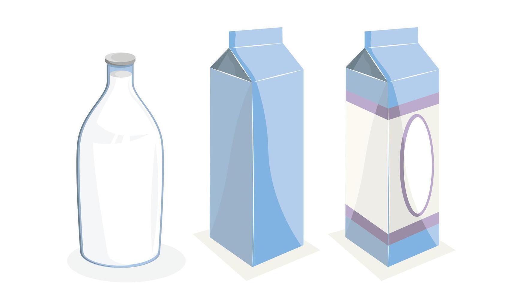 milk bottles made of glass and paper, showcasing different shapes and sizes. The image represents milk packaging options vector