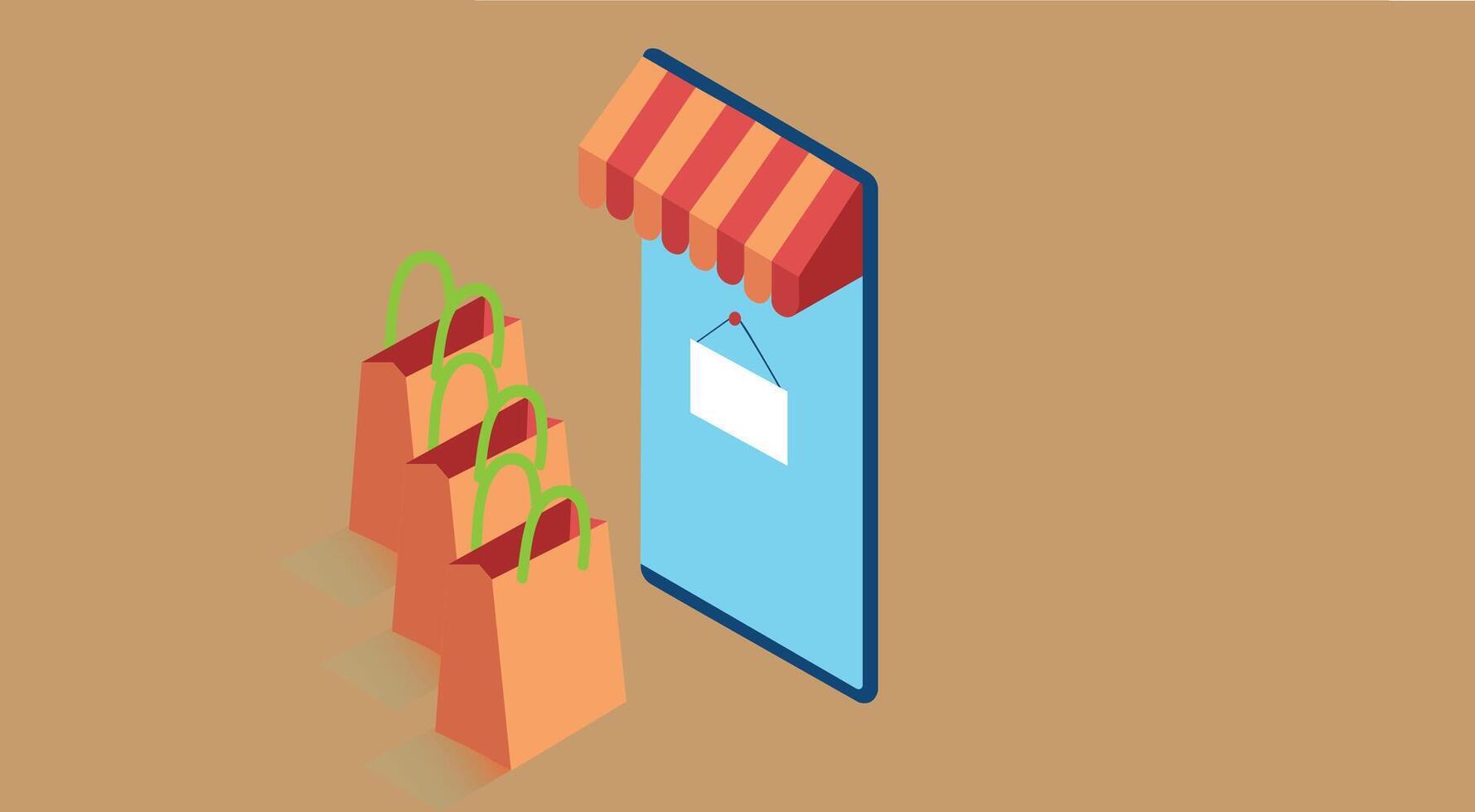 illustration of e commerce with shopping cart, bags, and delivery box vector