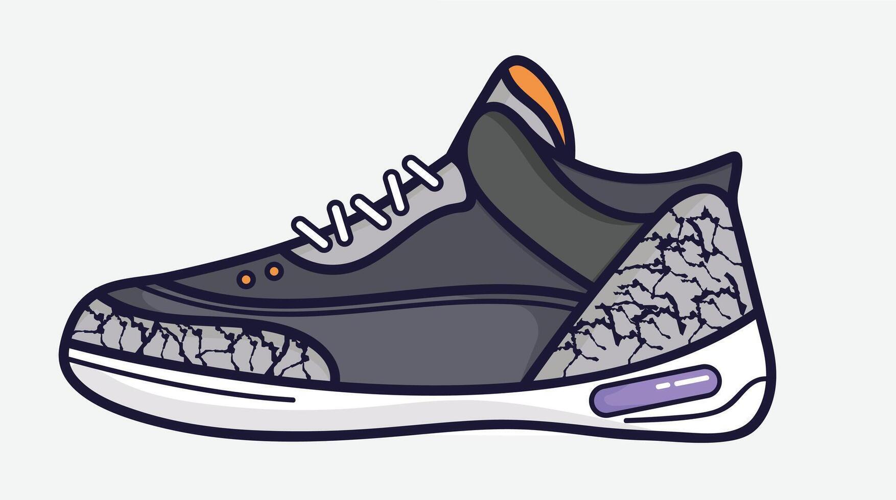 A side view of a sneaker shoe, showcasing its design with detailed laces, sole, and material texture, isolated on a solid background vector