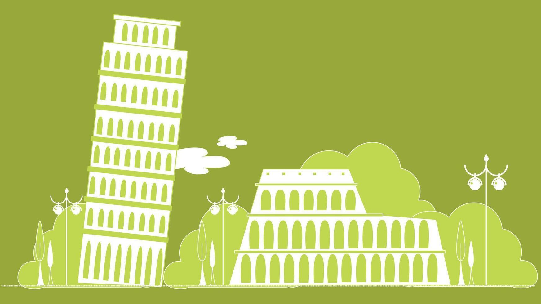 A stylized illustration showcasing iconic Roman architecture landmarks in Italy, including ancient ruins, classical columns, and arches vector