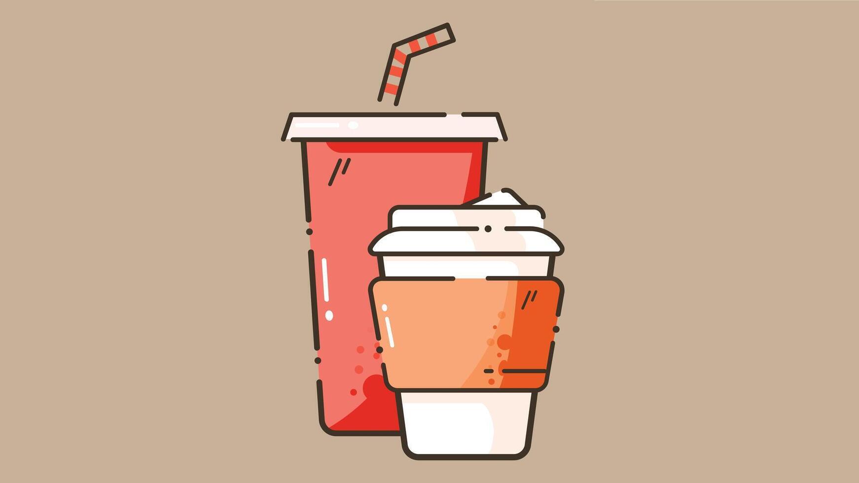 Illustration of a soda drink cup with a straw and a coffee cup side by side Beverage containers represent takeaway drinks commonly seen in cafes and fast food outlets. vector