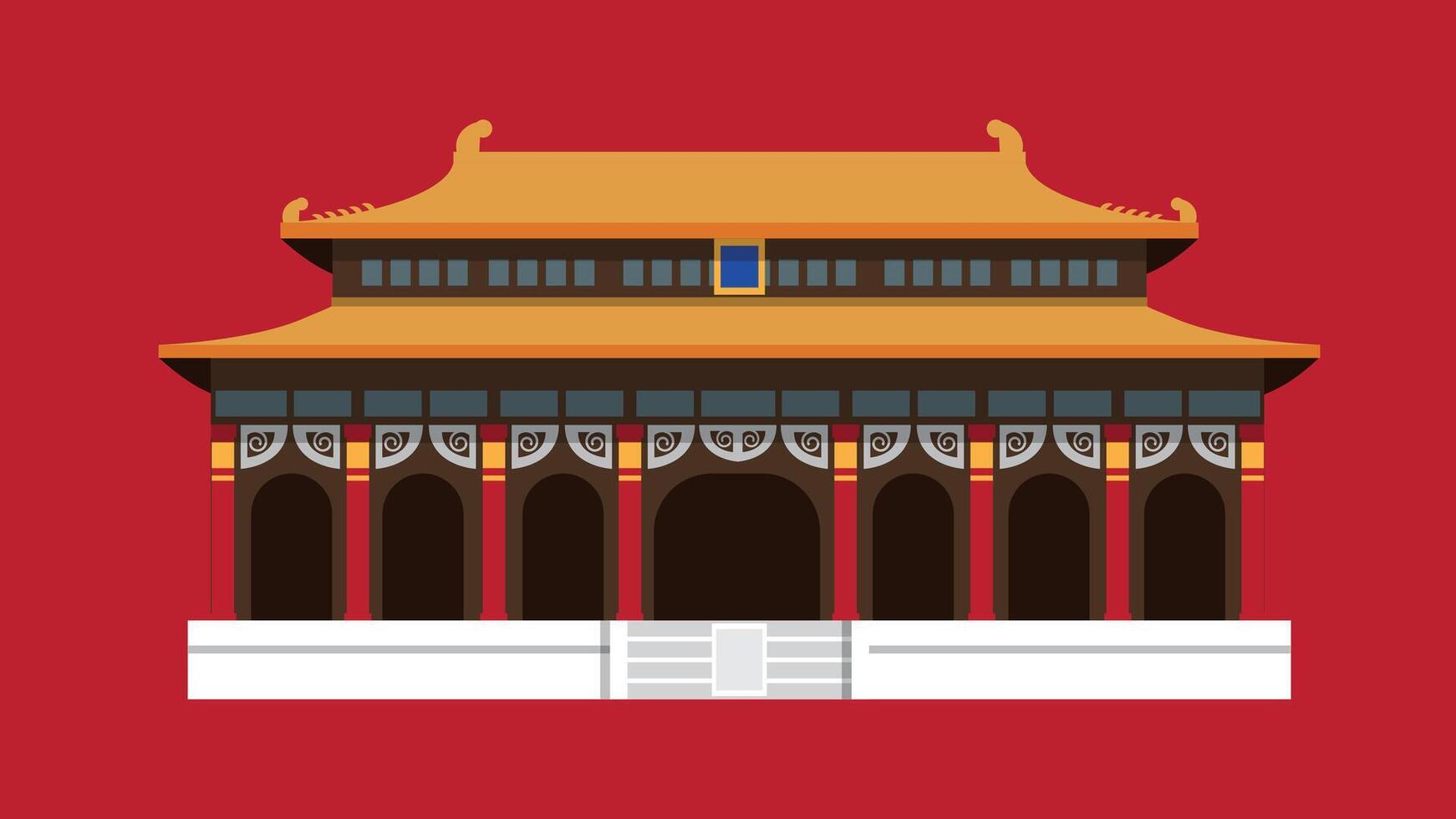 Traditional Chinese temple featuring ornate architectural elements such as curved roofs, intricate carvings, red pillars, and golden accents vector