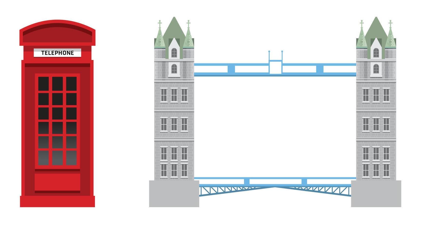 Illustration of the iconic London Bridge with a traditional British red phone cabin booth nearby vector