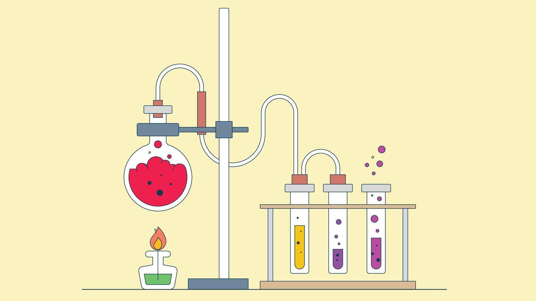 Illustration of a chemistry lab setup featuring connected glass bottles, flasks, and various chemical tools, showcasing a scientific environment used for experiments and research vector