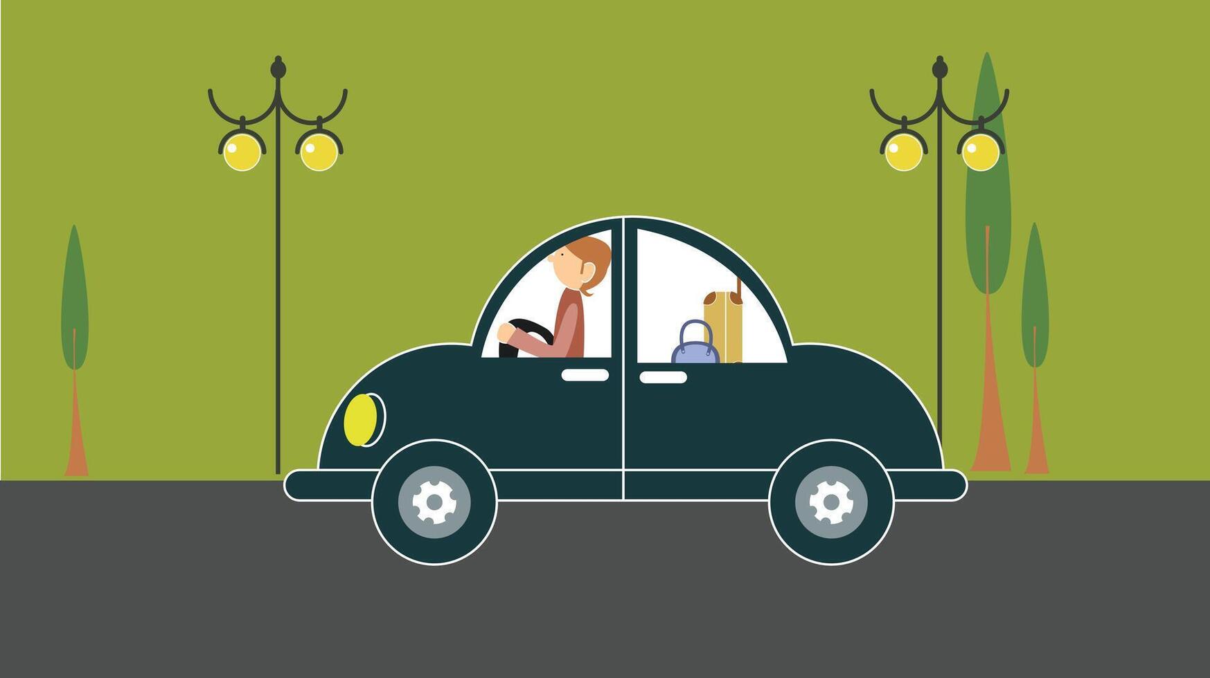 A cartoon-style illustration of a driver steering a car down a street. The scene captures the fun and playful essence of driving in a stylized and colorful way vector