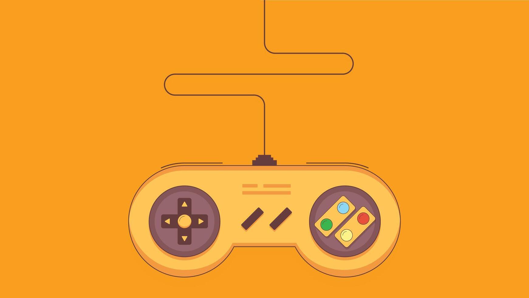 Illustration of a retro gaming controller with directional pad on the left, colored action buttons on the right, and central menu buttons, connected by a cable against an orange background. vector