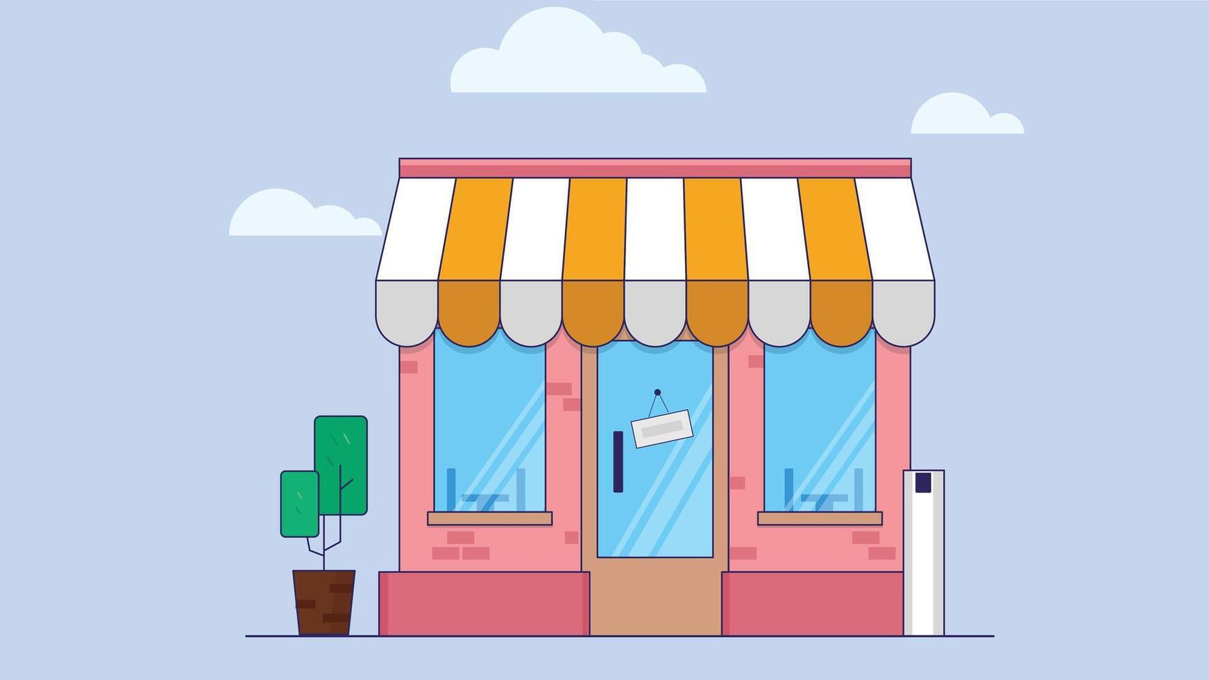 Colorful illustration of a small shop store front with an overhead shade and a small tree beside it, set against a blue sky background vector