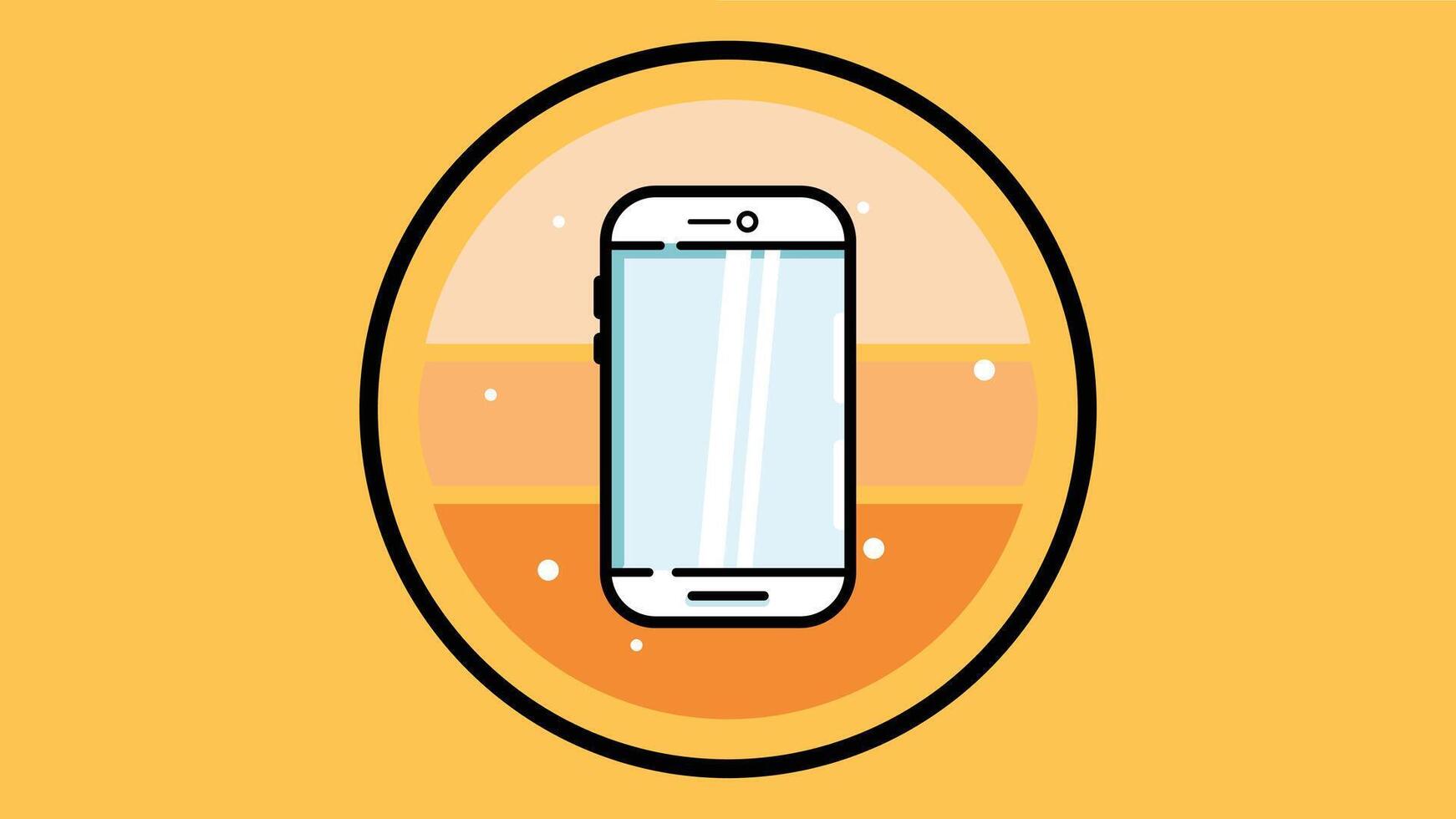 Illustration of a smartphone with a light blue screen in a circular orange and yellow gradient badge against a yellow background. The minimalist design represents mobile technology or app concepts. vector