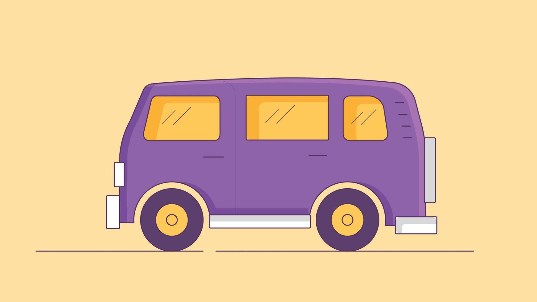 Illustration of a micro bus van driving on a street with a city or neighborhood background, representing urban transportation and compact travel vehicles in motion. vector