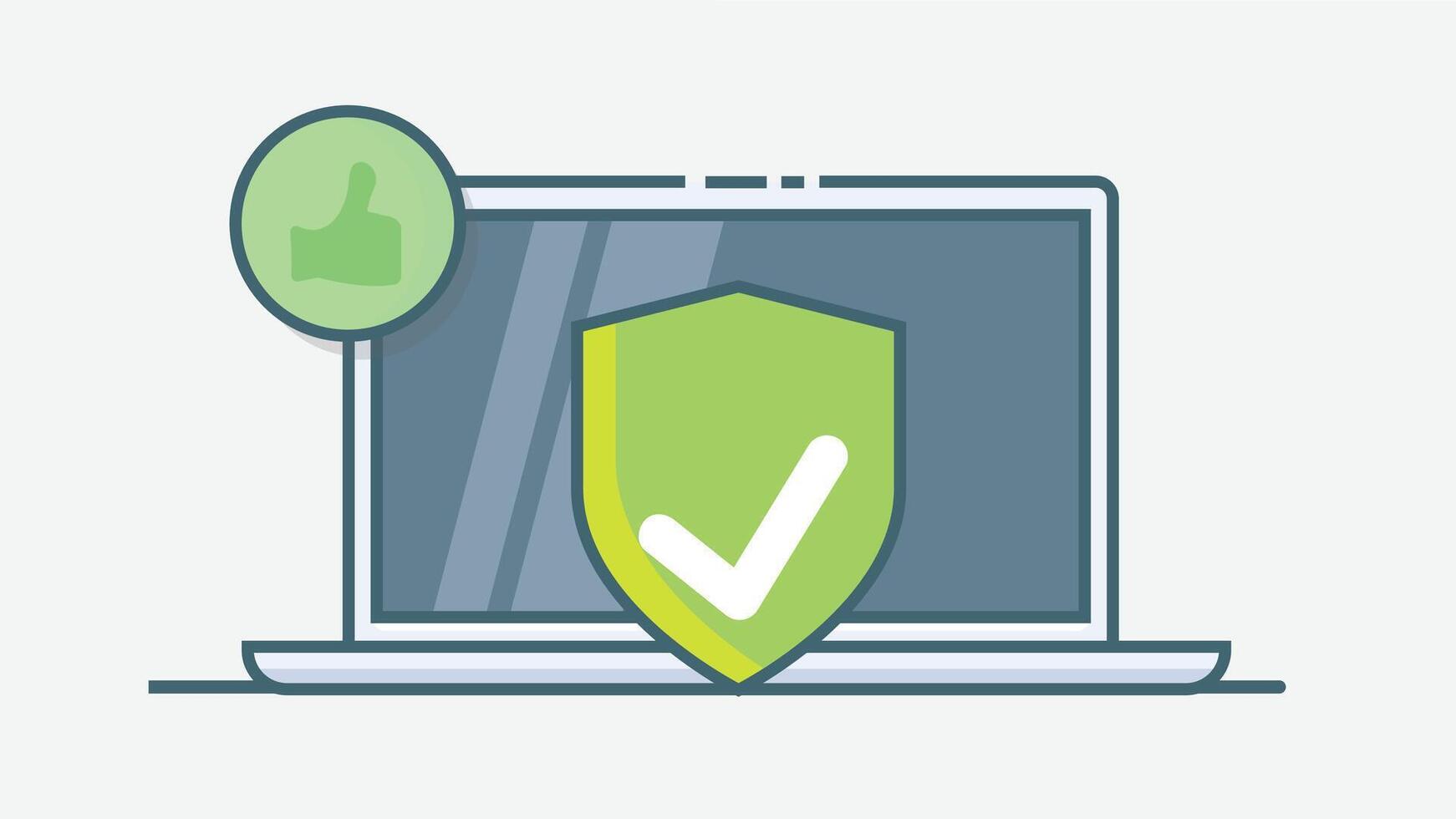Stylized illustration of a laptop with a cyber security shield displayed on screen, symbolizing protection, data encryption, and digital safety vector
