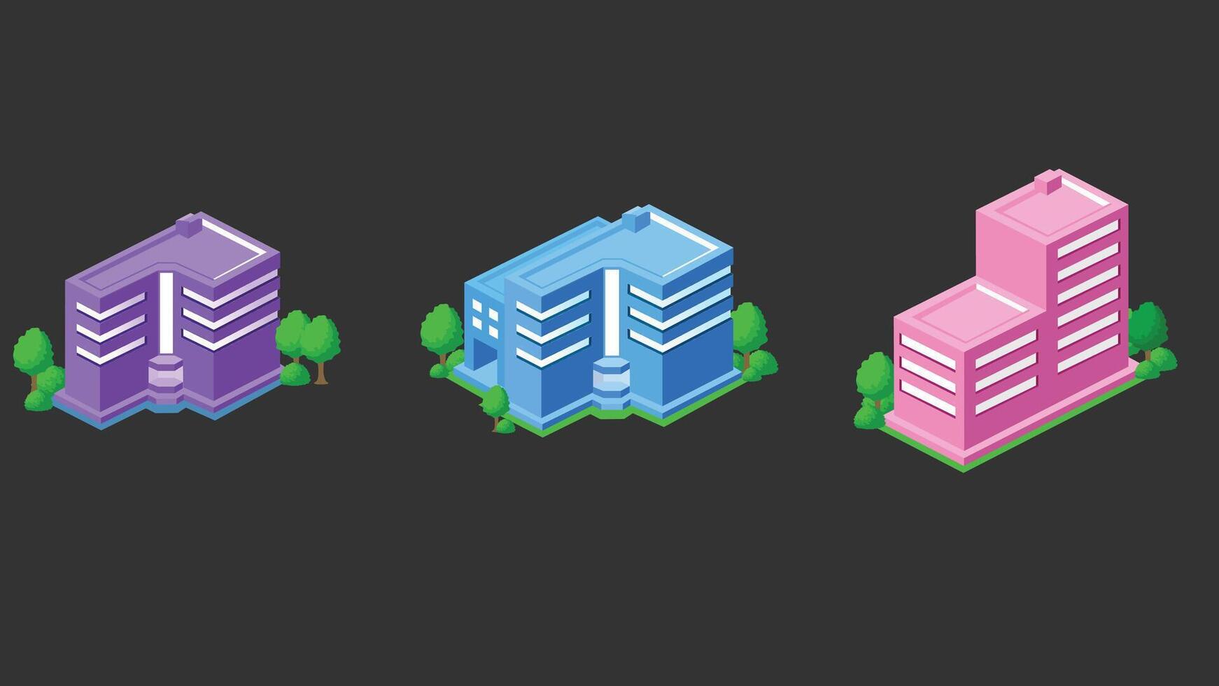 Isometric illustration of city buildings designed as game assets, featuring various architectural styles, streets, and urban elements arranged in an isometric perspective 02 vector
