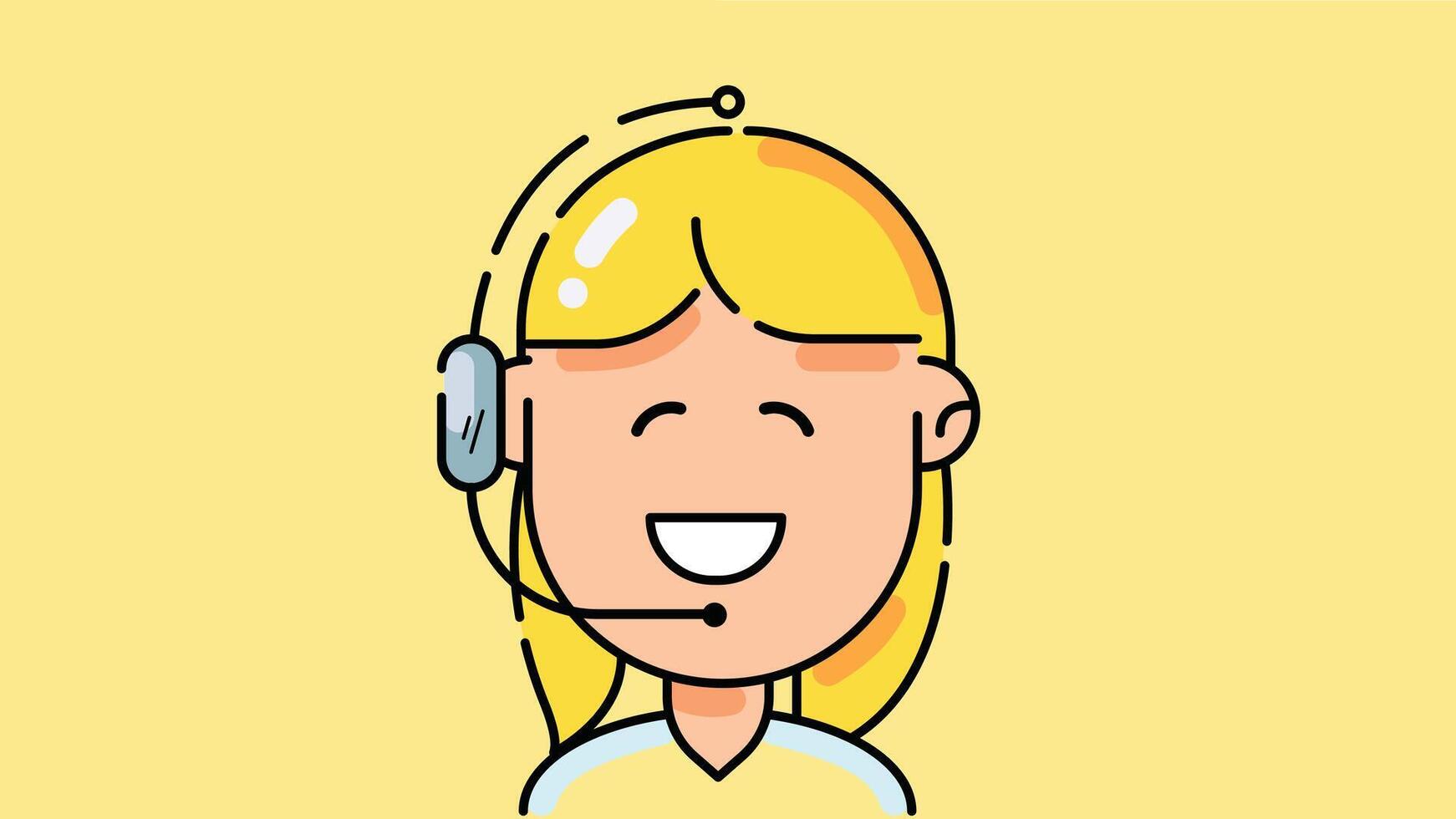 illustration of a smiling blonde woman wearing headphones with a microphone, likely representing a customer service representative or call center agent against a yellow background. vector