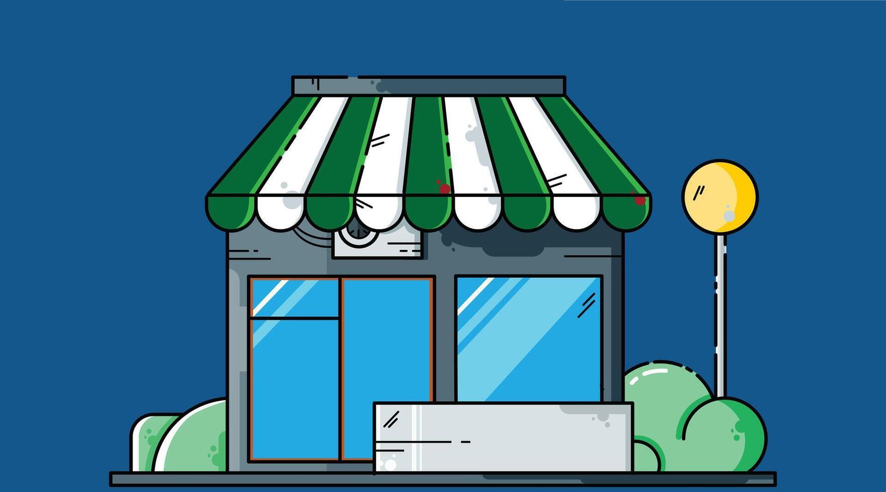 Closed shop store front at night with street lights on and decorative plants around, capturing a calm city street scene after hours vector