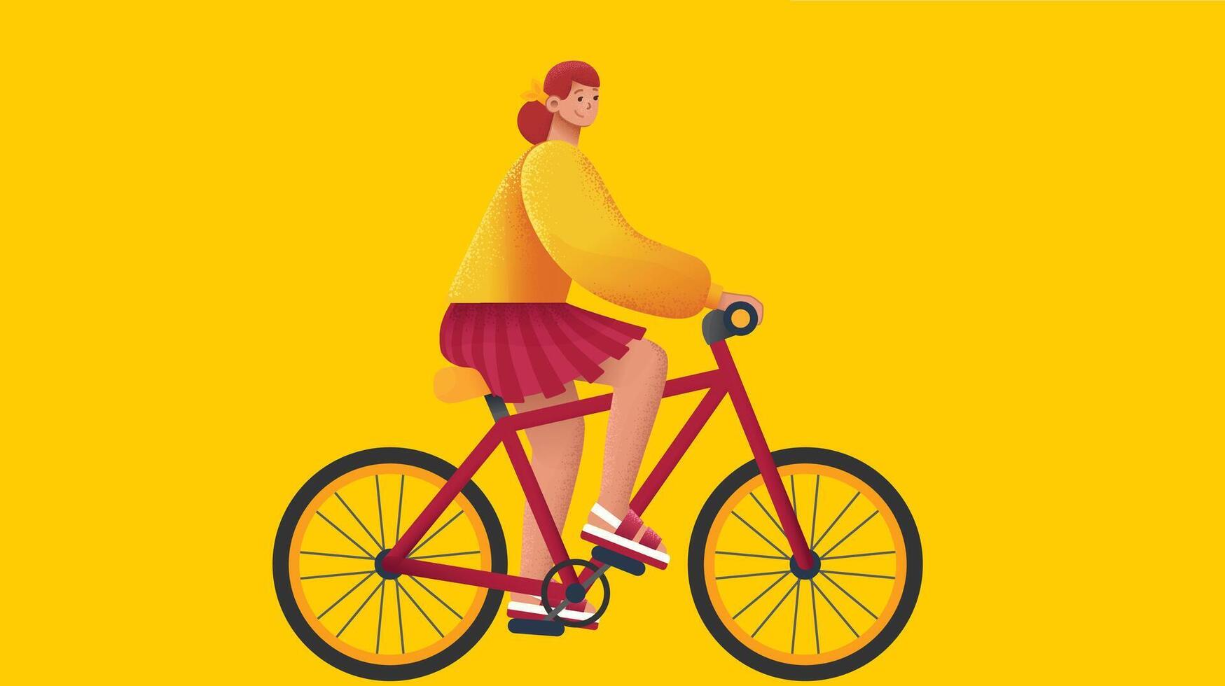 A joyful girl riding a bicycle through an outdoor path, embracing freedom and fun, with the wind in her hair and a sense of adventure in a vibrant, energetic environment vector