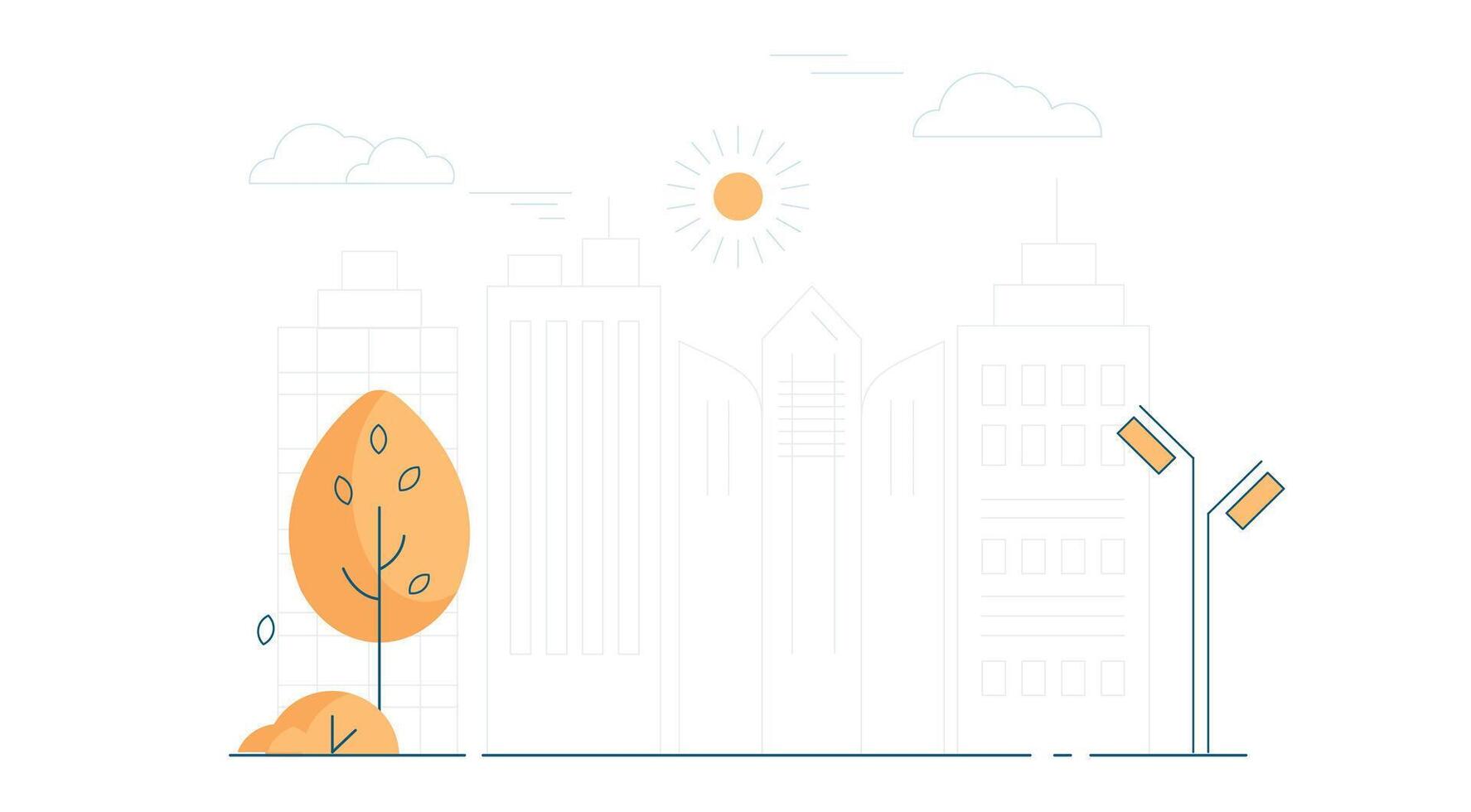 Outline-style illustration of a city background featuring land with streetlights and autumn trees. The scene captures an urban landscape vector