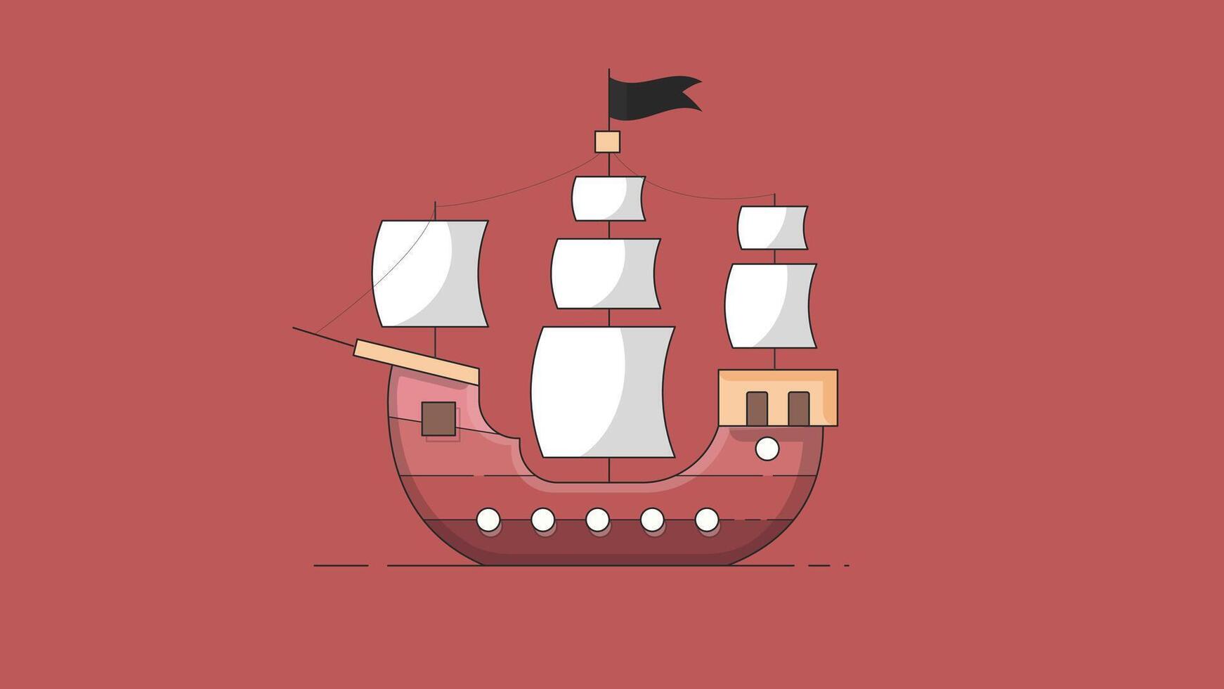 Stylized illustration of an old pirate ship with sails and flags, isolated on a white background vector