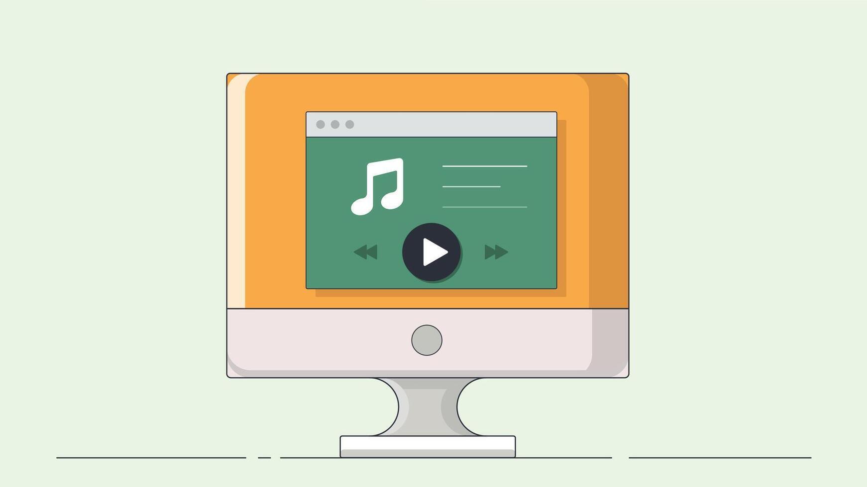 A digital illustration of a music player interface displayed on a computer screen, showcasing music controls and a playlist vector