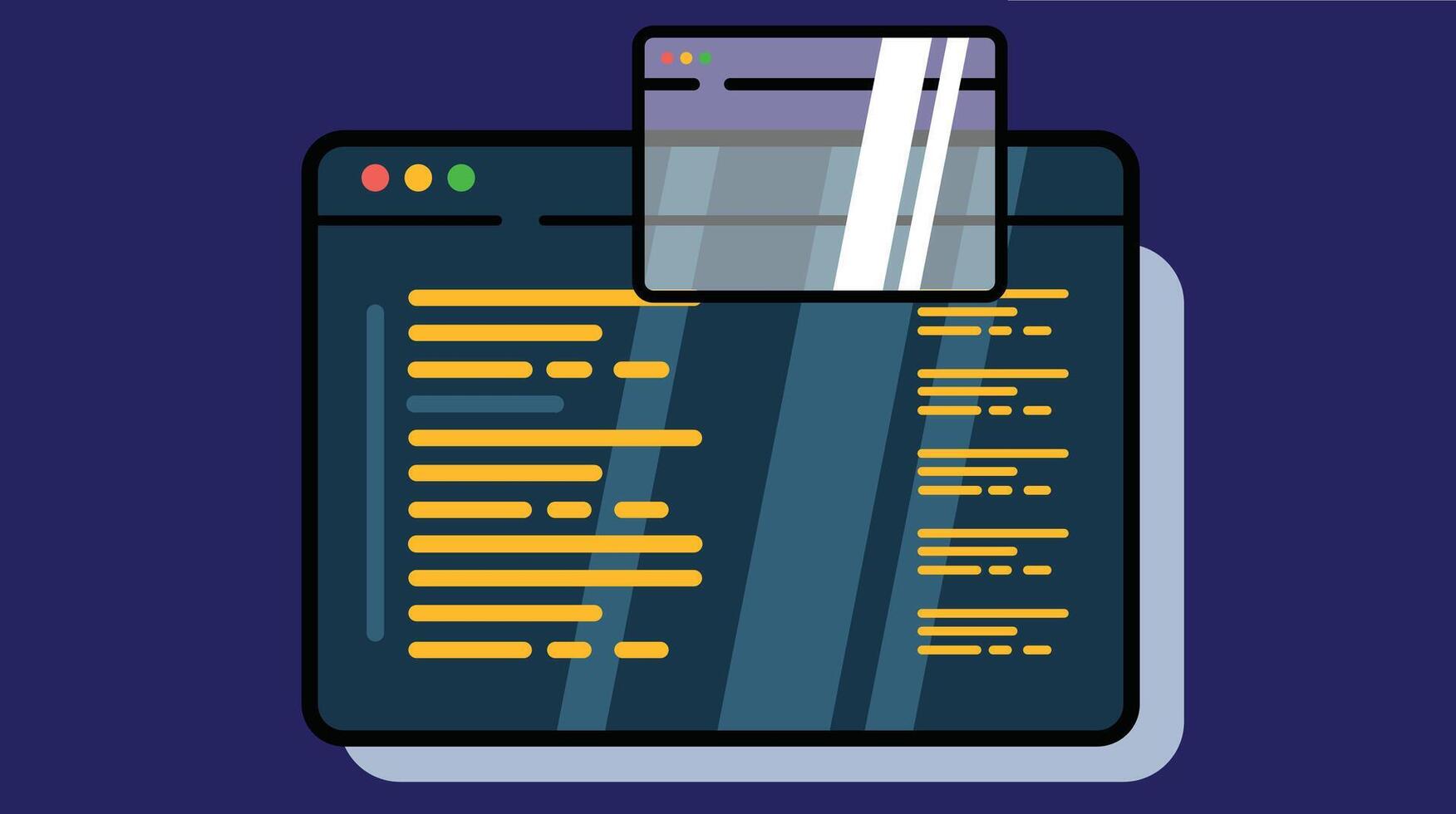 A programming and coding screen displaying app development interface, code editor vector