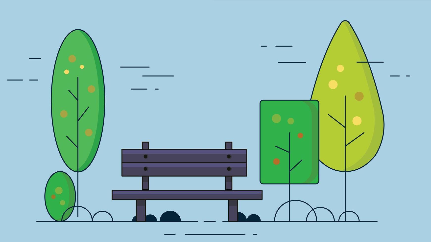 Illustration of a garden bench placed in a peaceful garden setting surrounded by trees, capturing a serene outdoor atmosphere vector