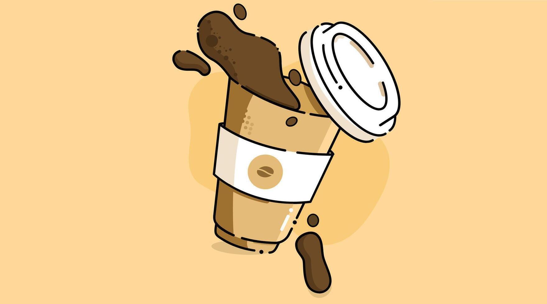 Illustration of a spilled takeaway coffee cup with brown coffee splashing out from the open lid. The cup has a white sleeve with coffee bean logo against a light beige background. vector