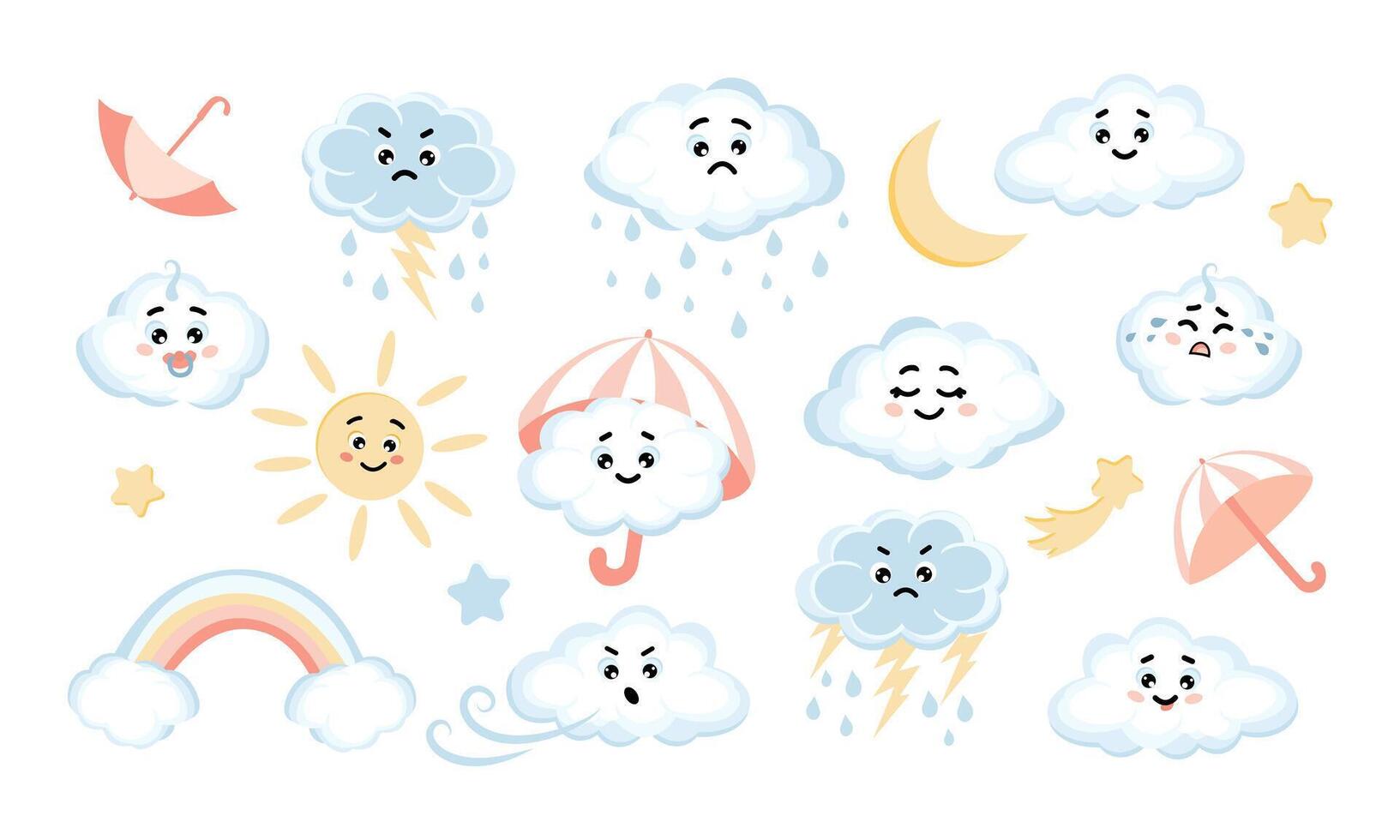 Set cute kawai clouds, stars, raindrops and rainbow, umbrella, sun, moon. Set of cloud shaped emoji with different mood. Cartoon style comic icons set. vector