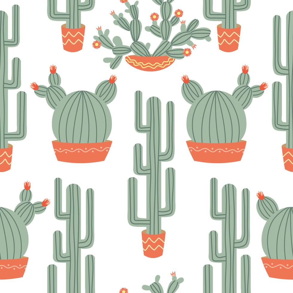 Seamless pattern with cactus in a pot, flowers. Colorful design for fabric, gift paper, posters. vector