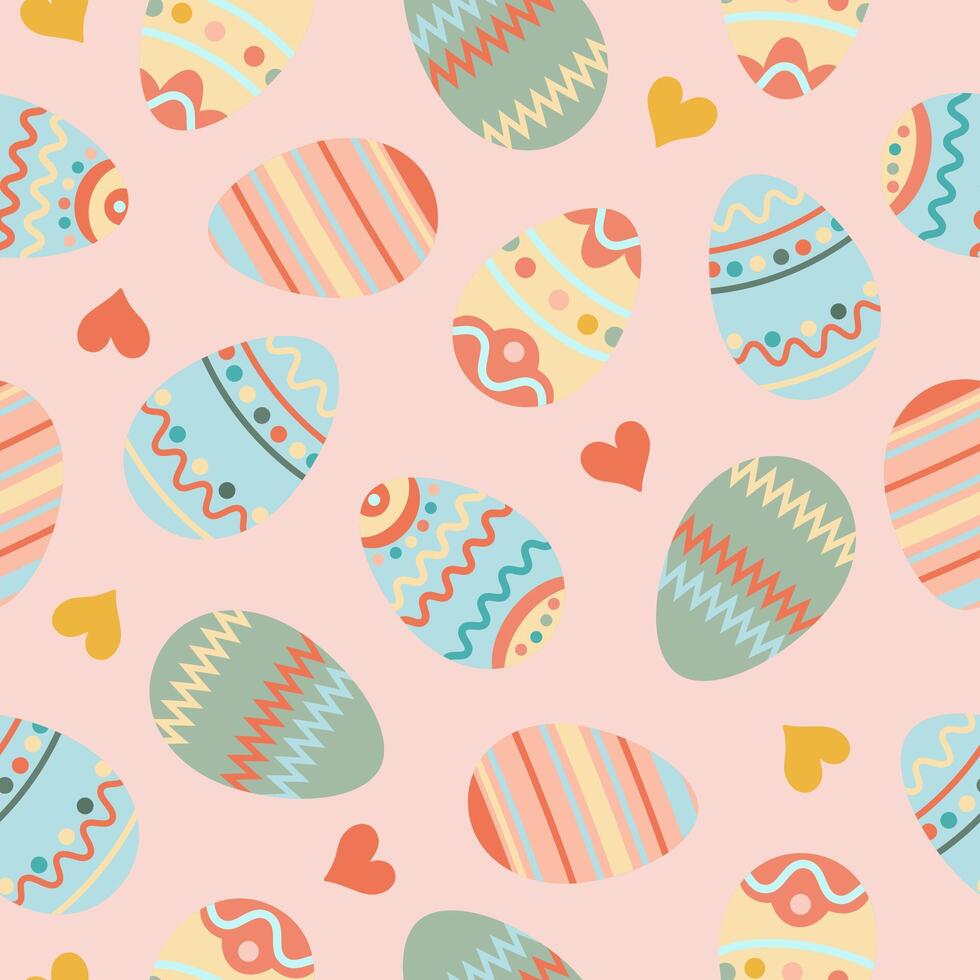 Happy easter. Seamless pattern with easter eggs, hearts on pink background. vector